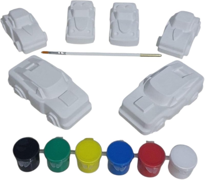 Hape Gypsum Shapes for Coloring of 6 Cars + 6 Acrylic Paints + Coloring Brush, Art Activity Set for Children