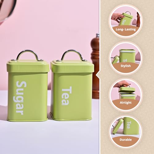 MARKET 99 Green Metal Tea & Sugar Jar Set of 2 (1L Each) | Printed Kitchen Storage Containers | Tea & Sugar Canisters | Stylish Food Storage Jars for Home Kitchen Use - Image 2
