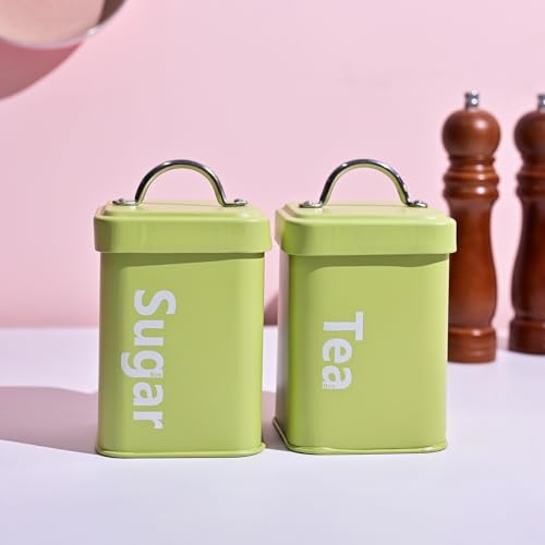 MARKET 99 Green Metal Tea & Sugar Jar Set of 2 (1L Each) | Printed Kitchen Storage Containers | Tea & Sugar Canisters | Stylish Food Storage Jars for Home Kitchen Use - Image 1