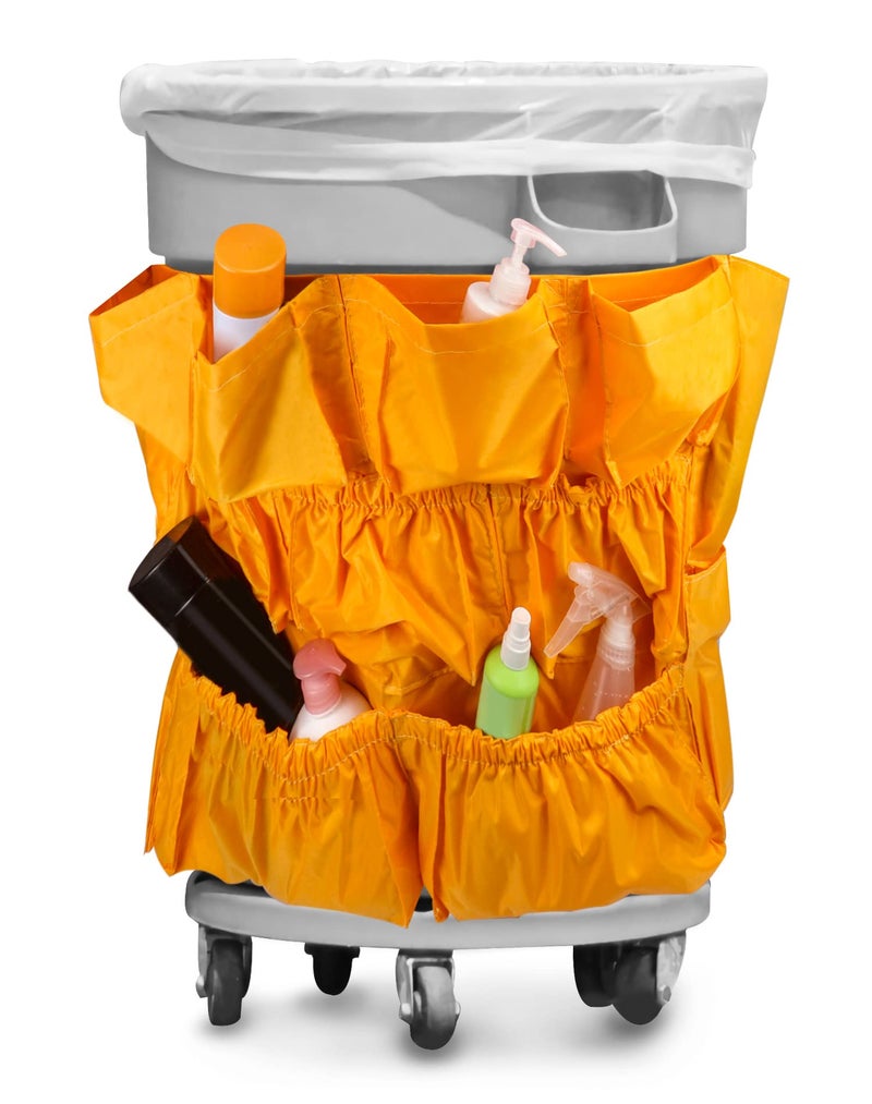 QWORK Trash Can Caddy Bag 10 Pocket Commercial Cleaning Bag Fit 3250 Gallon Can Round Trash Bag Holder Garbage Bin Organizer Yellow