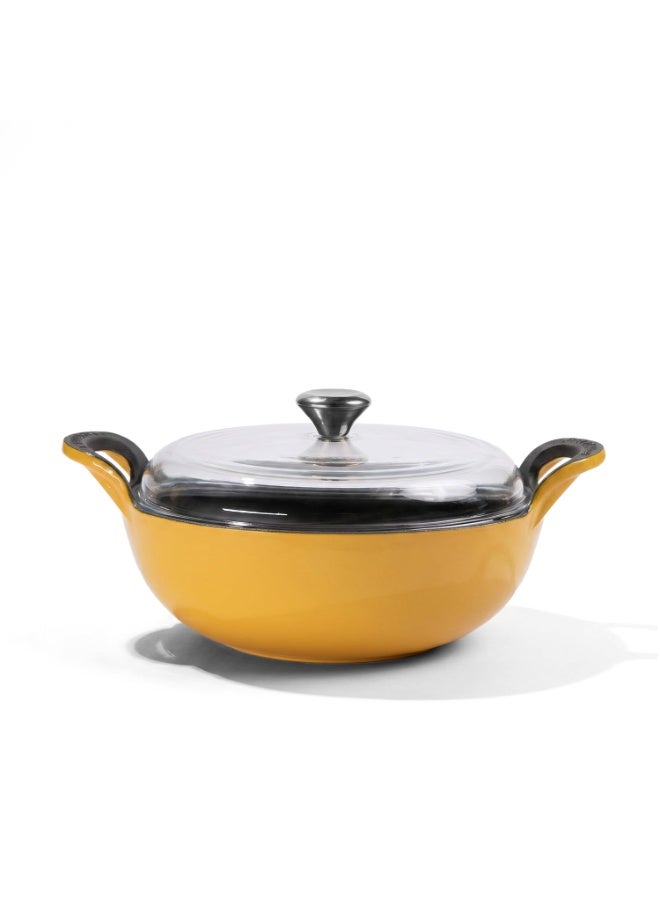 CUMIN CO. Cast Iron Kadai with Lid | 3L, 26 cm | Induction Base Cookware |10 Years Warranty | Non Toxic Heavy Bottom Kadhai for Frying | Chemical Free Coating | Free Accessories | Mustard (Yellow)