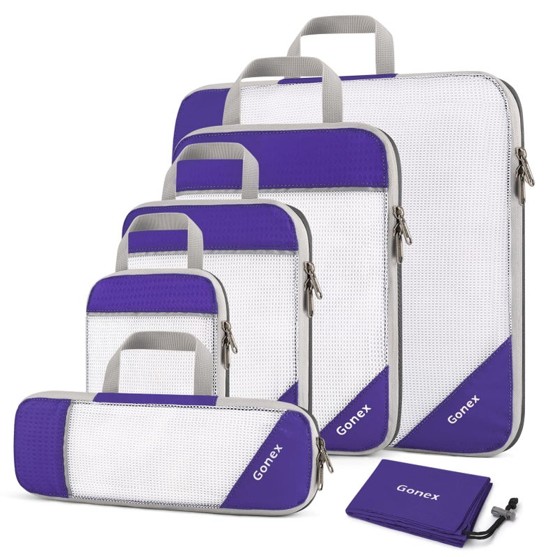Gonex Compression Packing Cubes Mesh Organizers L+M+S+XS+Slim+Laundry Bag Purple - Image 1