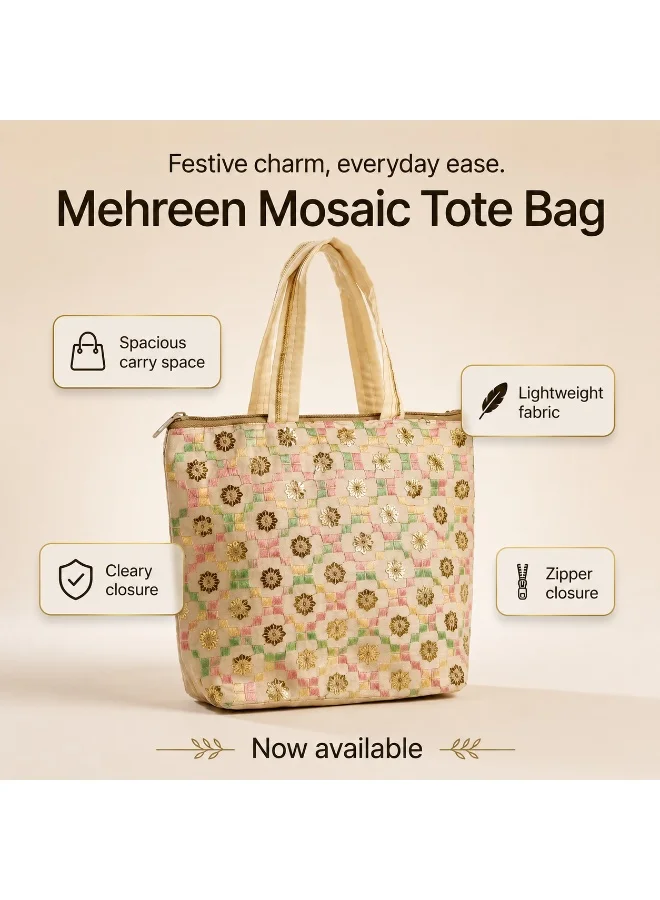 Mobcos Mobcos Cream Flower Handmade Embroidered Tote Bag | Premium Cotton Boho Shoulder Handbag with Zipper | Spacious Ethnic Bag for Office, Shopping, Travel & Daily Use