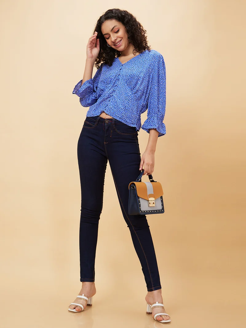 Women Blue Polka Dots Printed V-Neck Gathered Detailed Regular Top