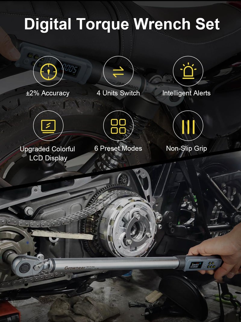 GROWNEER Digital Torque Wrench Set, 3/8" 2.2-44.3 Ft-lbs/3-60 Nm & 1/2'' 12.5-250.7 Ft-lbs/17-340 nm, Torque Wrench Digital Combo with Buzzer & LED Indicator, Bits & Sockets for Motor Car Repair - Image 2