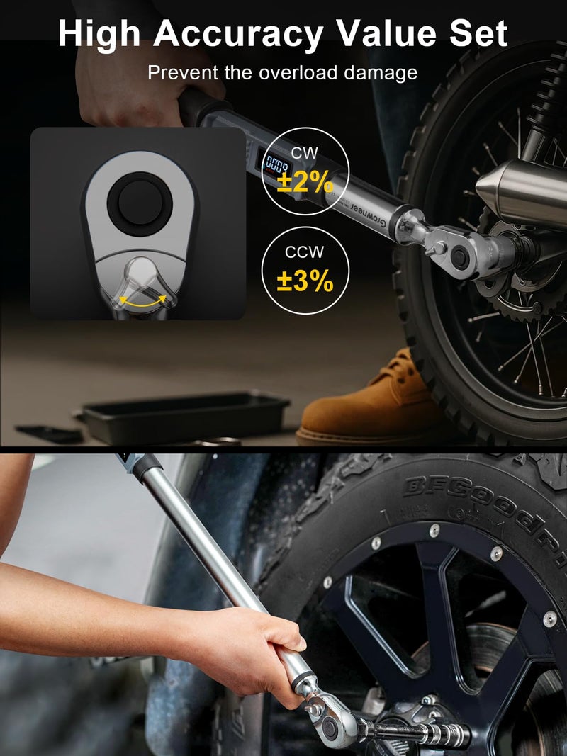 GROWNEER Digital Torque Wrench Set, 3/8" 2.2-44.3 Ft-lbs/3-60 Nm & 1/2'' 12.5-250.7 Ft-lbs/17-340 nm, Torque Wrench Digital Combo with Buzzer & LED Indicator, Bits & Sockets for Motor Car Repair - Image 4