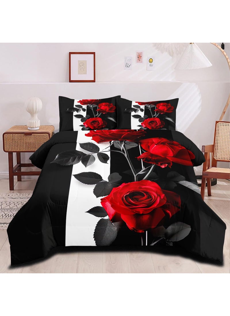 CCoutueChen CCoutueChen Romantic Rose Comforter Set King Size Red Botanical Floral Bedding Set Black White Striped Bedding for Women Men 3 Piece Aesthetic Flower Comforters Soft Down Alternative Comforter Sets  - Image 2