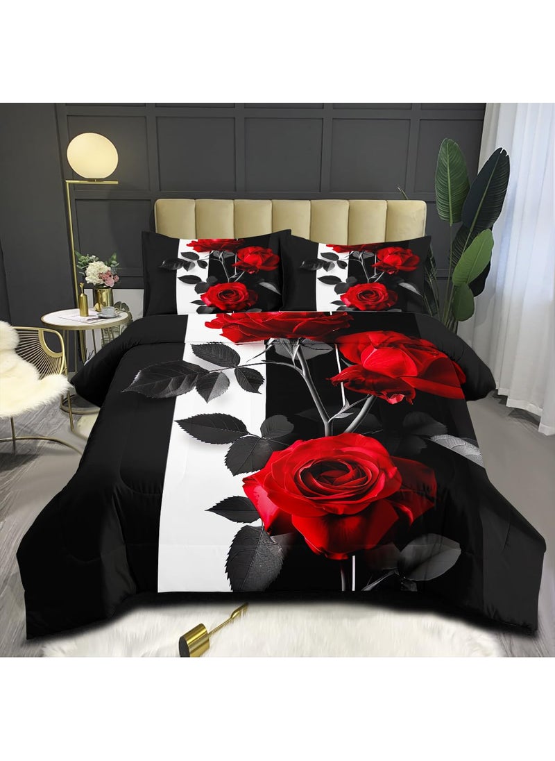 CCoutueChen CCoutueChen Romantic Rose Comforter Set King Size Red Botanical Floral Bedding Set Black White Striped Bedding for Women Men 3 Piece Aesthetic Flower Comforters Soft Down Alternative Comforter Sets  - Image 3