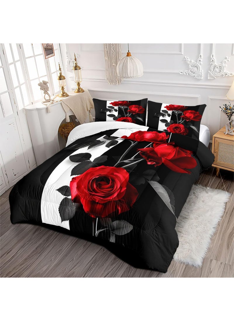 CCoutueChen CCoutueChen Romantic Rose Comforter Set King Size Red Botanical Floral Bedding Set Black White Striped Bedding for Women Men 3 Piece Aesthetic Flower Comforters Soft Down Alternative Comforter Sets  - Image 4