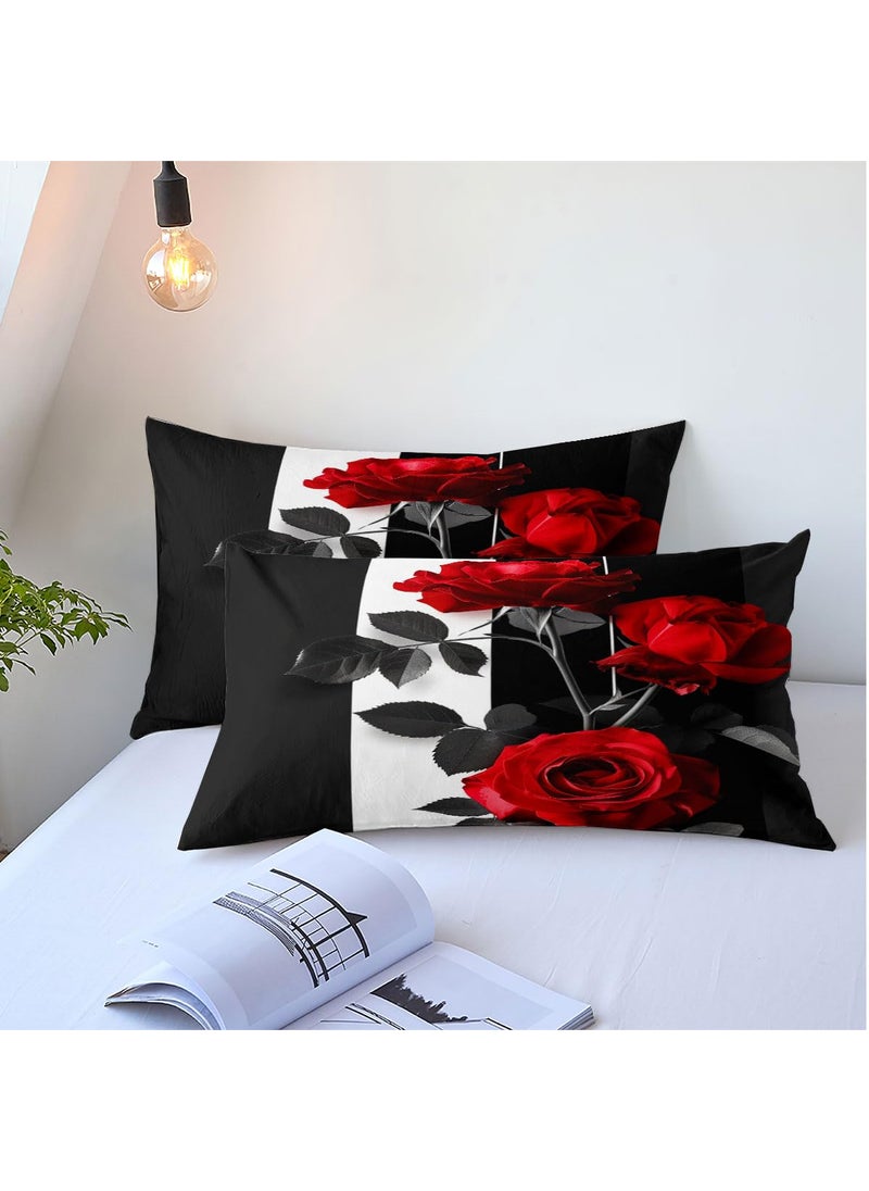 CCoutueChen CCoutueChen Romantic Rose Comforter Set King Size Red Botanical Floral Bedding Set Black White Striped Bedding for Women Men 3 Piece Aesthetic Flower Comforters Soft Down Alternative Comforter Sets  - Image 5
