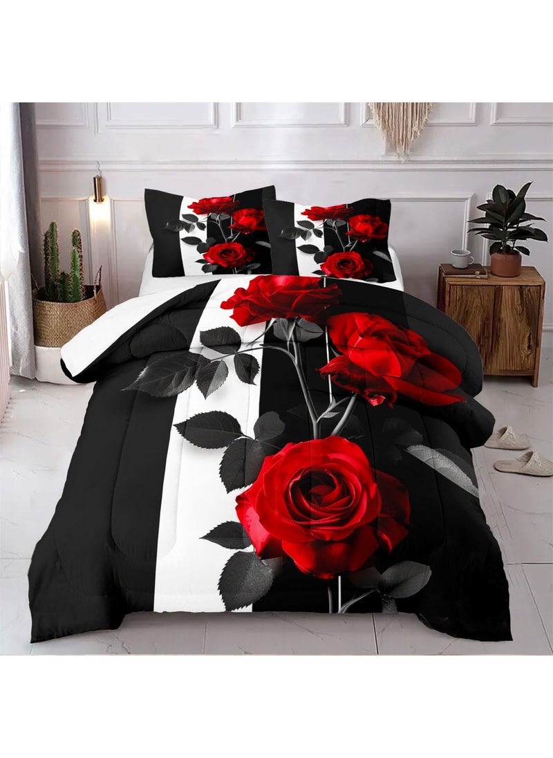 CCoutueChen CCoutueChen Romantic Rose Comforter Set King Size Red Botanical Floral Bedding Set Black White Striped Bedding for Women Men 3 Piece Aesthetic Flower Comforters Soft Down Alternative Comforter Sets  - Image 1