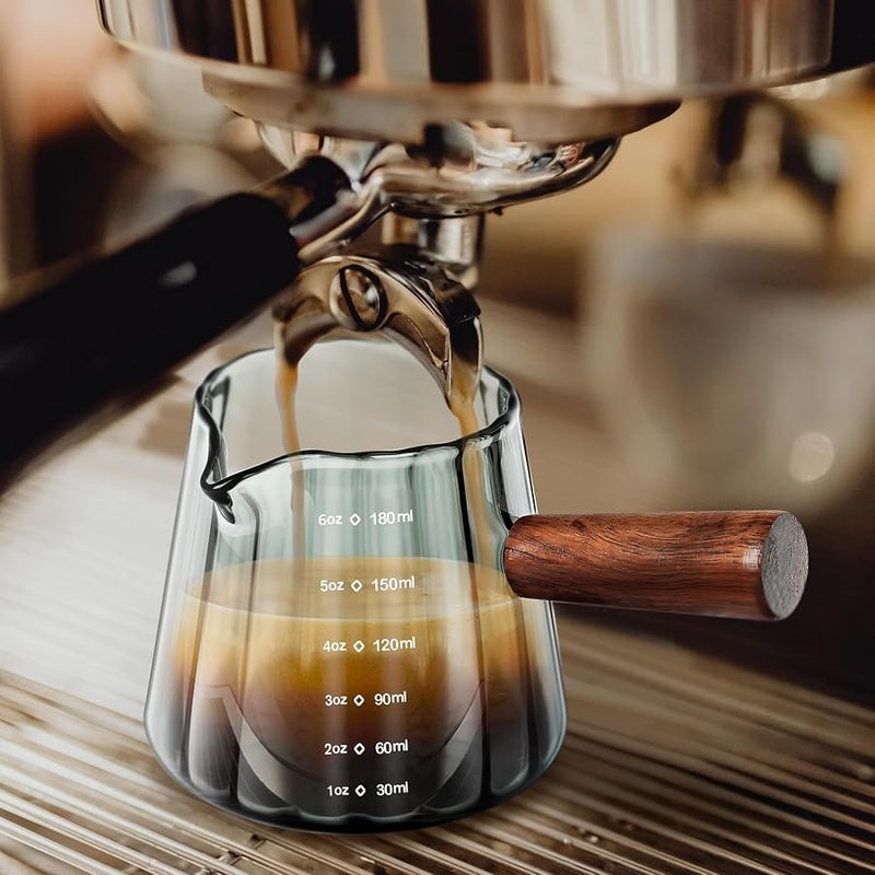 Joeyan 6 oz Grey Glass Measuring Cups with Spout,Borosilicate Glass Triple Pitcher with Scale,Origami Style Espresso Shot Glasses with Wood Handle for Coffee Milk,Dishwasher Safe - Image 2