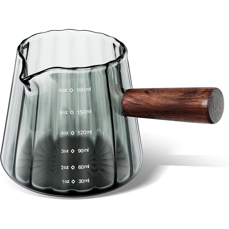 Joeyan 6 oz Grey Glass Measuring Cups with Spout,Borosilicate Glass Triple Pitcher with Scale,Origami Style Espresso Shot Glasses with Wood Handle for Coffee Milk,Dishwasher Safe - Image 1