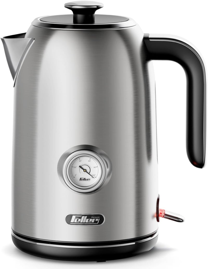 Feller Germany, Retro Style 1.7L Kettle with Thermometer, 2200 W, Stainless Steel Body, STRIX Controller, Dry Boil & Automatic Switch-Off, EK200, 2Y Guarantee-KSA Version (Stainless Steel) - Image 1