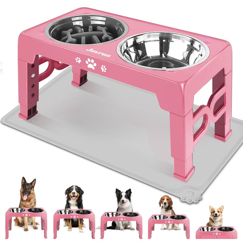 Jovrun Elevated Dog Bowls for Medium Size Dogs with Mat, Non-Slip Dog Feeder with 1*Stainless Steel Dishes & 1*Slow Feeder Bowl, 5 Heights Adjustable Raised Bowls for 3.15â€³-8.66â€³-9.84â€³-11.02â€³-12.2â€³ - Image 1