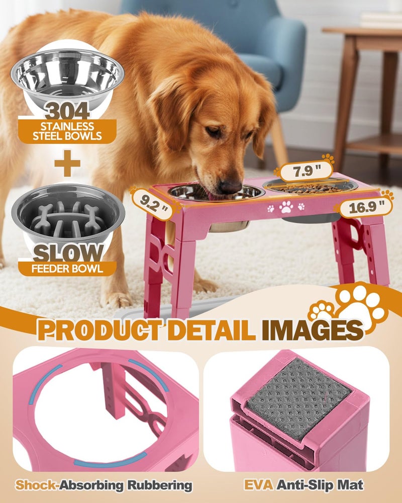Jovrun Elevated Dog Bowls for Medium Size Dogs with Mat, Non-Slip Dog Feeder with 1*Stainless Steel Dishes & 1*Slow Feeder Bowl, 5 Heights Adjustable Raised Bowls for 3.15â€³-8.66â€³-9.84â€³-11.02â€³-12.2â€³ - Image 4