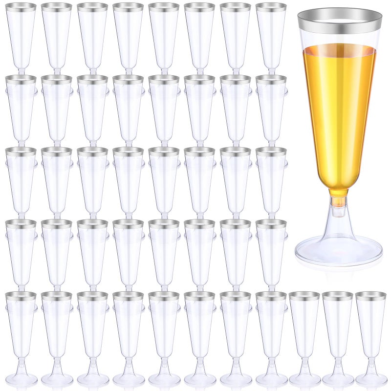 Thenshop Thenshop 50 Pcs Plastic Champagne Flutes Disposable Champagne Glasses Bulk 5.5 oz Clear Mimosa Cocktail Cups with Rim Detachable Glasses for Wedding Party Birthday Anniversary(Silver  Clear) - Image 1