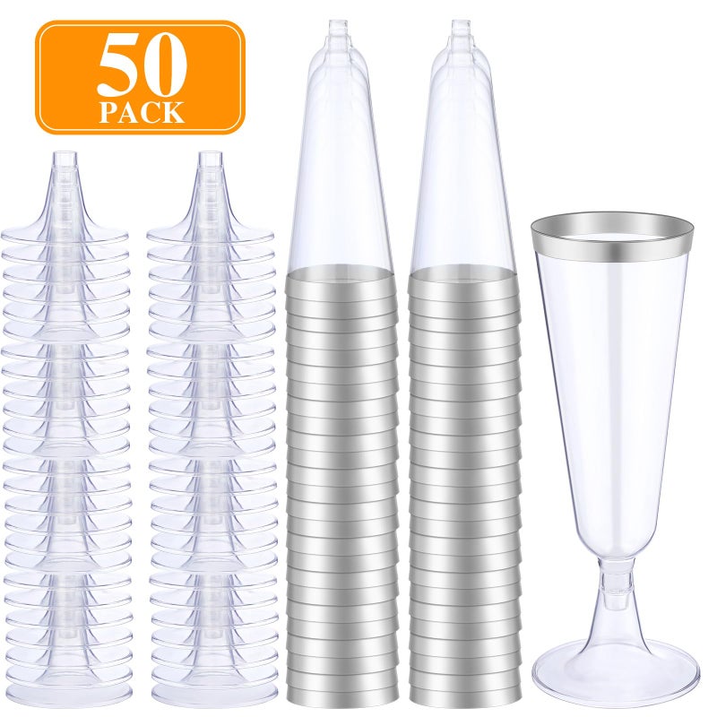Thenshop Thenshop 50 Pcs Plastic Champagne Flutes Disposable Champagne Glasses Bulk 5.5 oz Clear Mimosa Cocktail Cups with Rim Detachable Glasses for Wedding Party Birthday Anniversary(Silver  Clear) - Image 4