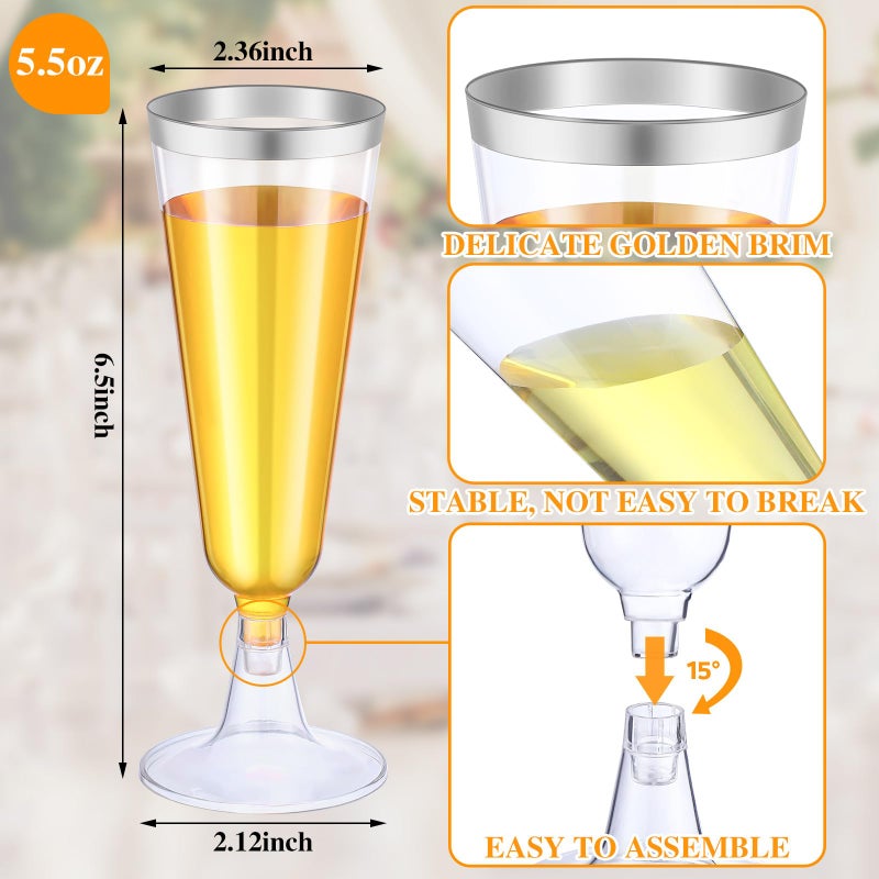 Thenshop Thenshop 50 Pcs Plastic Champagne Flutes Disposable Champagne Glasses Bulk 5.5 oz Clear Mimosa Cocktail Cups with Rim Detachable Glasses for Wedding Party Birthday Anniversary(Silver  Clear) - Image 2