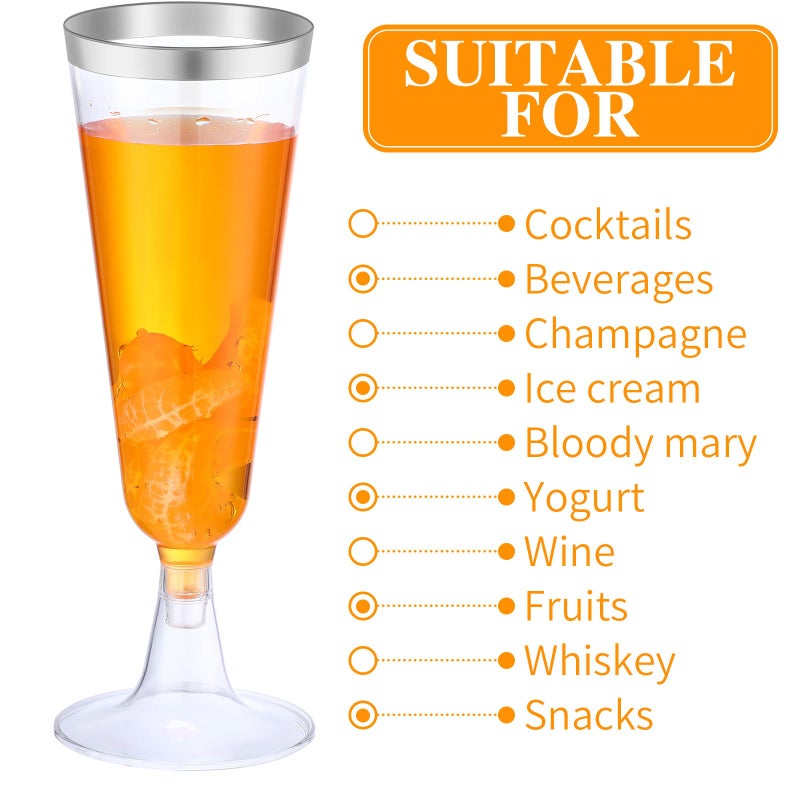 Thenshop Thenshop 50 Pcs Plastic Champagne Flutes Disposable Champagne Glasses Bulk 5.5 oz Clear Mimosa Cocktail Cups with Rim Detachable Glasses for Wedding Party Birthday Anniversary(Silver  Clear) - Image 5