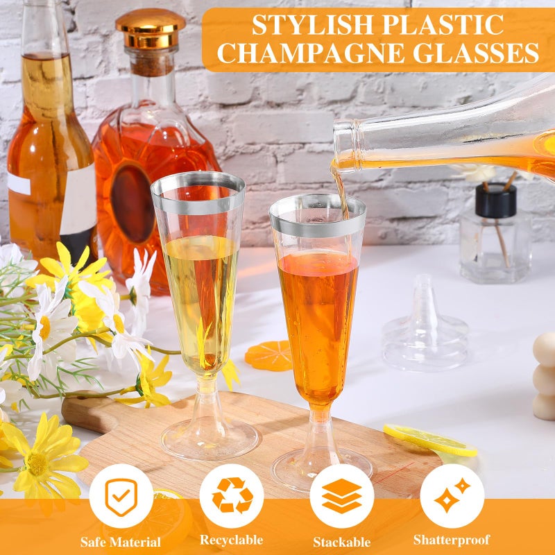 Thenshop Thenshop 50 Pcs Plastic Champagne Flutes Disposable Champagne Glasses Bulk 5.5 oz Clear Mimosa Cocktail Cups with Rim Detachable Glasses for Wedding Party Birthday Anniversary(Silver  Clear) - Image 3