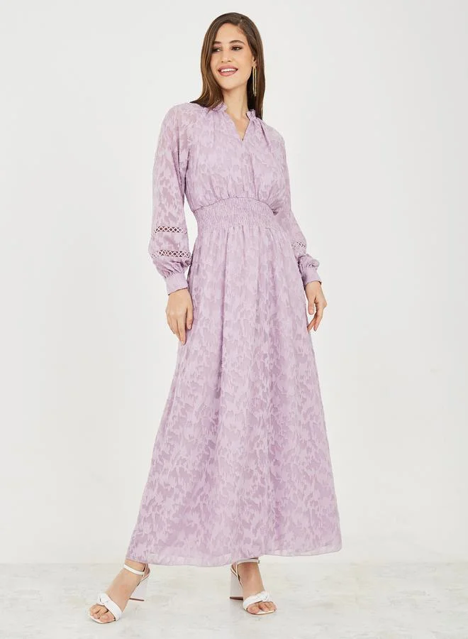 Styli Burnout Texture Smocked Cut Out Detail A-Line Maxi Dress