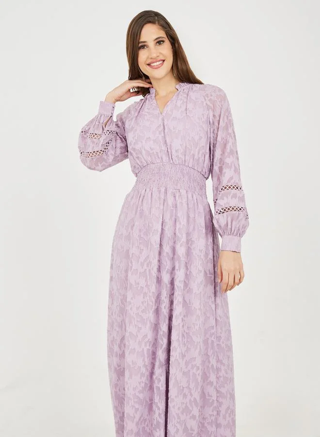 Styli Burnout Texture Smocked Cut Out Detail A-Line Maxi Dress