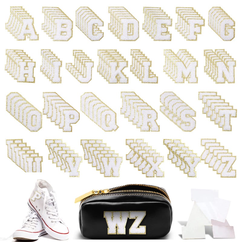156 Pieces Chenille Letter Patches Self Adhesive Letter Patches 6 Set AZ Stony Clover Patches Preppy Patches Varsity Chenille Letters for DIY Phone Bags Backpacks Hats White