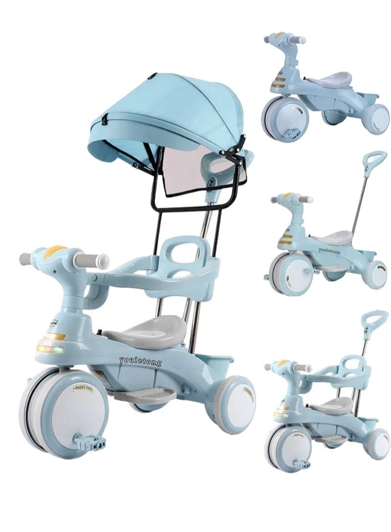 Multi-Functional Kids First Bike with Sun Canopy Parent Handle Adjustable Footrest and Accessories for Ages 1 to 6 Years(blue)  - Image 1