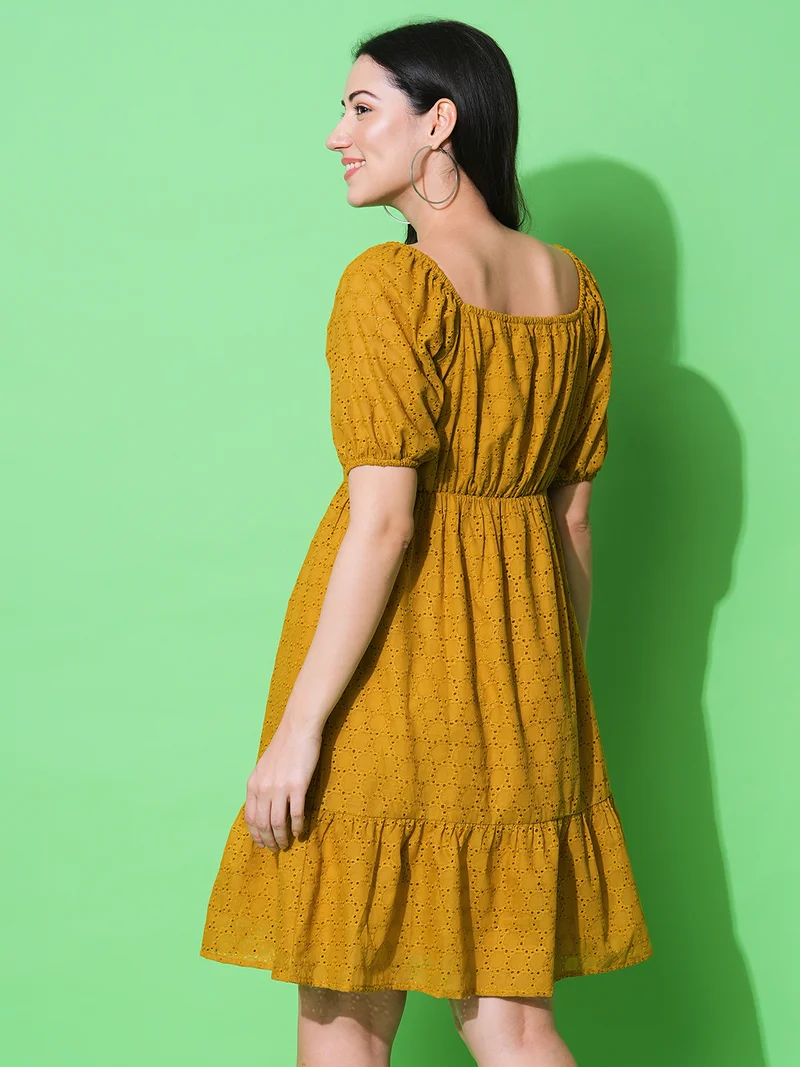 globus Women Sweetheart Neck Puff Sleeve A-Line Schiffli Dress