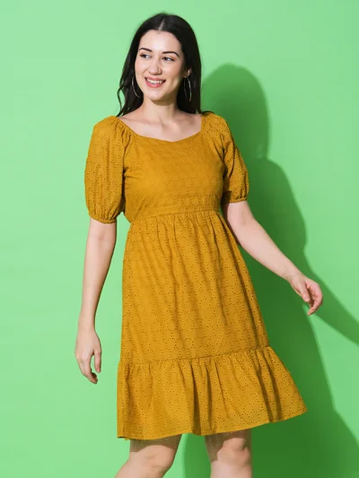 جلو باص Women Sweetheart Neck Puff Sleeve A-Line Schiffli Dress