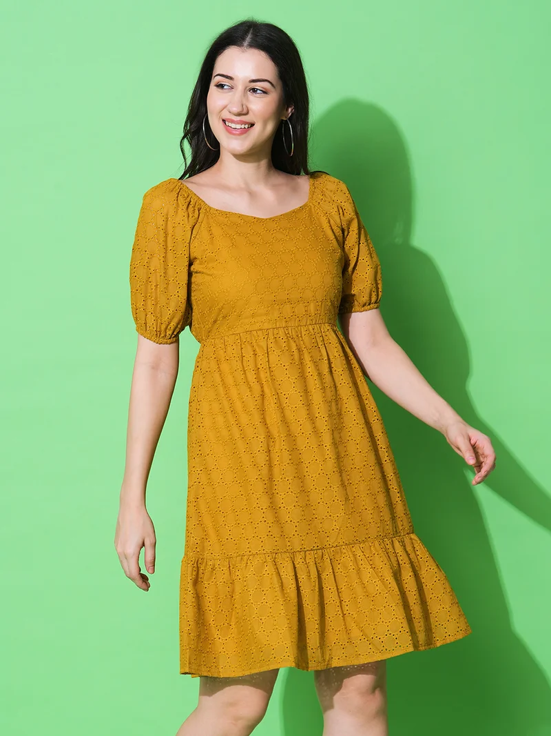 globus Women Sweetheart Neck Puff Sleeve A-Line Schiffli Dress