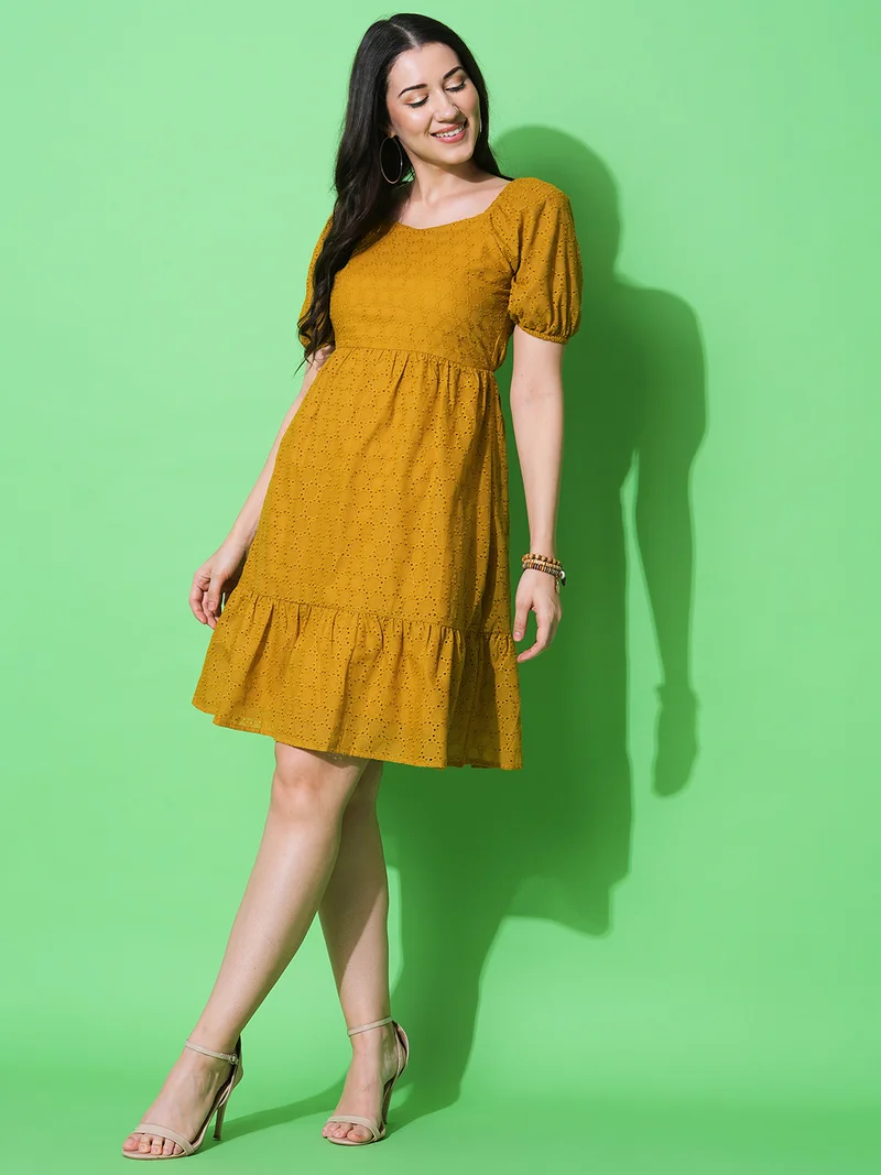 globus Women Sweetheart Neck Puff Sleeve A-Line Schiffli Dress