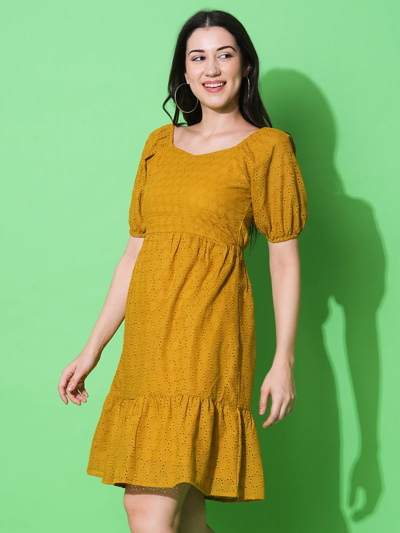 globus Women Sweetheart Neck Puff Sleeve A-Line Schiffli Dress