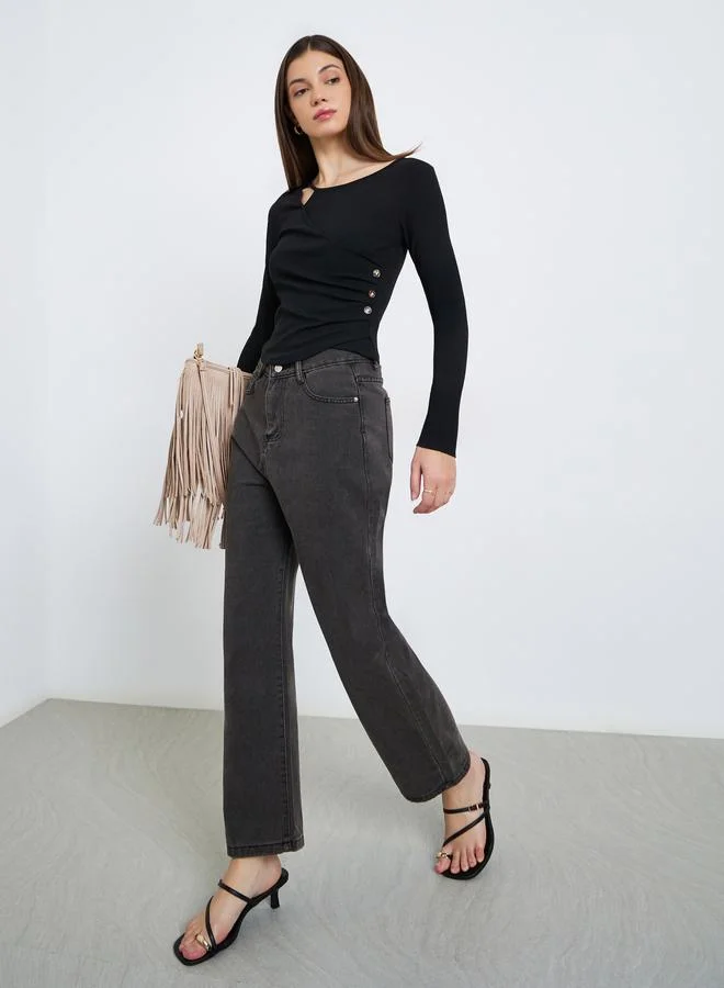 Styli Women Black Ribbed Knit Top with Button Detail