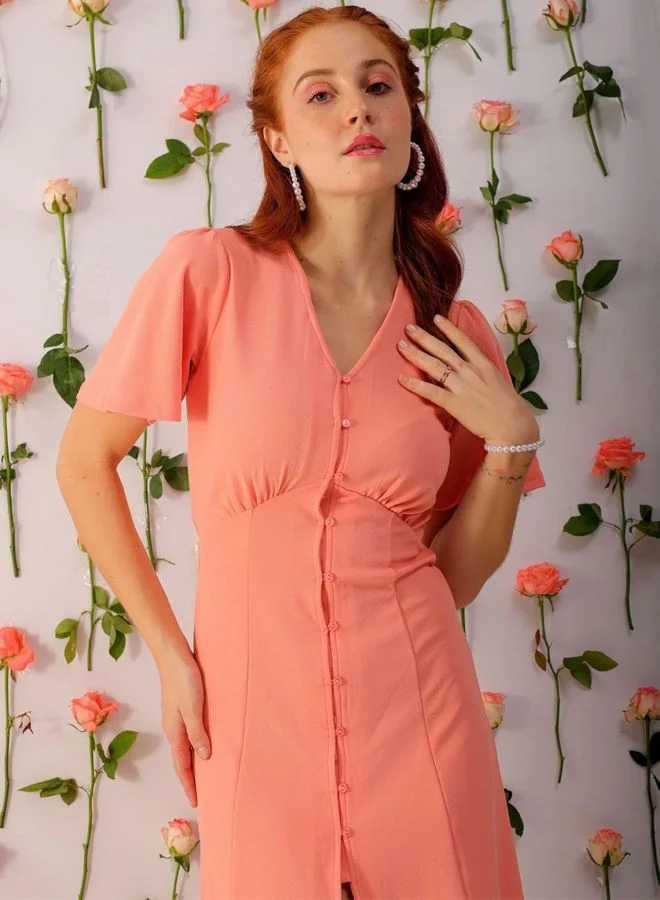 Women Fit and Flared Solid V-Neck Short Sleeve Shirt Dress