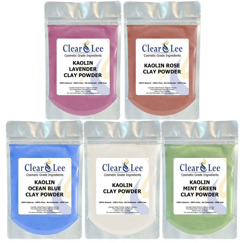 ClearLee Kaolin Clay Cosmetic Grade Powder Sample 5 Pack (White, Rose, Ocean Blue, Mint Green, Lavender) - 100% Pure Natural Powder - Great For Skin Detox, Rejuvenation - DIY Clay Face Mask - Image 1