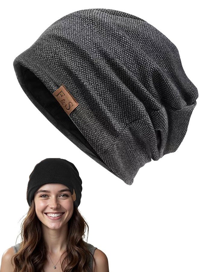 قبعة صوفية رمادية داكنة فضفاضة للنساء والرجال، مبطنة بفرو داخلي - Image 1