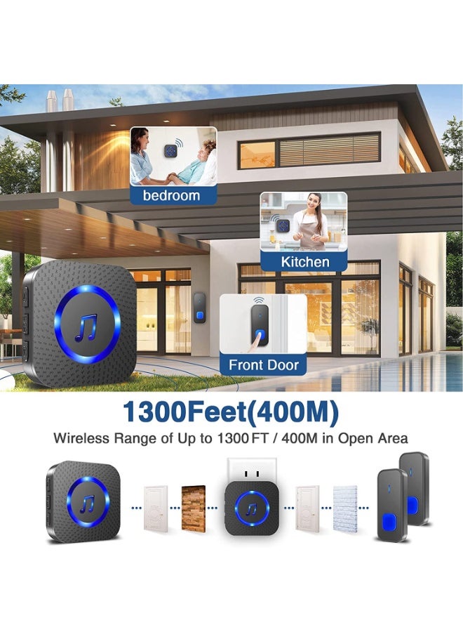 UK Standard Plug Wireless Doorbell - 1300ft Range IP55 Waterproof, 1 British Button & Receiver, 55 Ringtones/5 Volume/LED for  Homes - Image 3