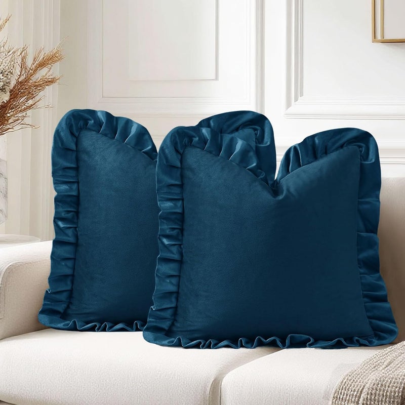 JIUZHEN Navy Blue Throw Pillow Covers 22x22 with Ruffles, Set of 2 Velvet Decorative Square Throw Pillow Covers for Couch Sofa Livingroom Bed - Image 1