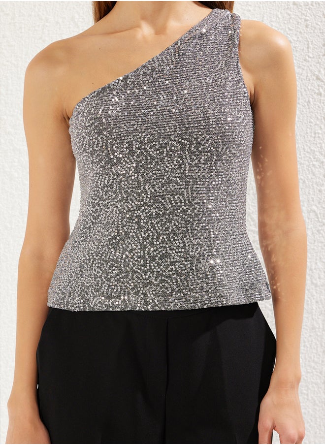 trendyol - Silver One Shoulder Knitted Sequin Blouse TPRSS25BZ00009 - Image 1