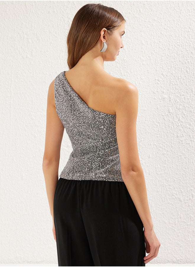 trendyol - Silver One Shoulder Knitted Sequin Blouse TPRSS25BZ00009 - Image 1