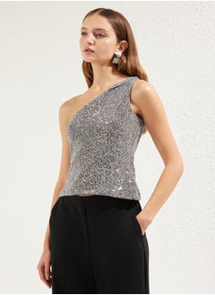 Silver One Shoulder Knitted Sequin Blouse TPRSS25BZ00009
