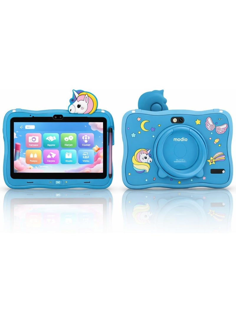 MODIO TAB Modio M71 Kids Tablet 7 Inch HD Display, 6GB RAM + 128GB ROM, Dual Camera, 3000mAh Battery, Shockproof Unicorn Case with Stylus & Accessories – Blue - Image 1