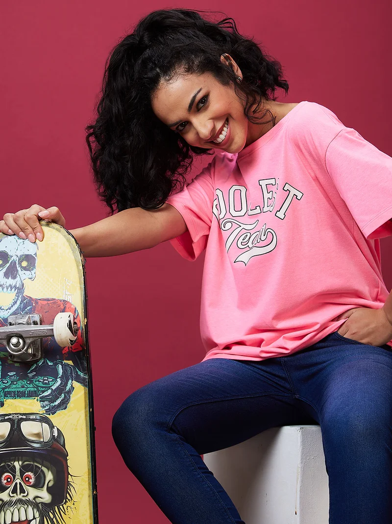 globus Globus Women Typography Printed Oversized Pure Cotton Boxy Fit T-Shirt