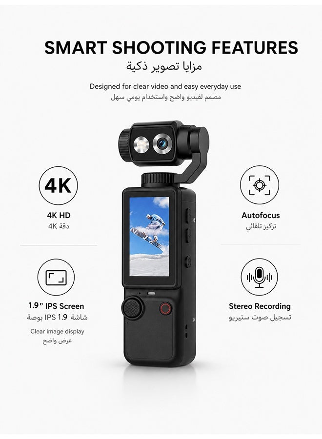 Kalobee 4K HD Pocket Vlogging Camera With 1.9 Inch Screen 180 Degree Rotating Lens AF Focus Fill Light 2000mAh Battery 32GB TF Card Mini Tripod Black - Image 2
