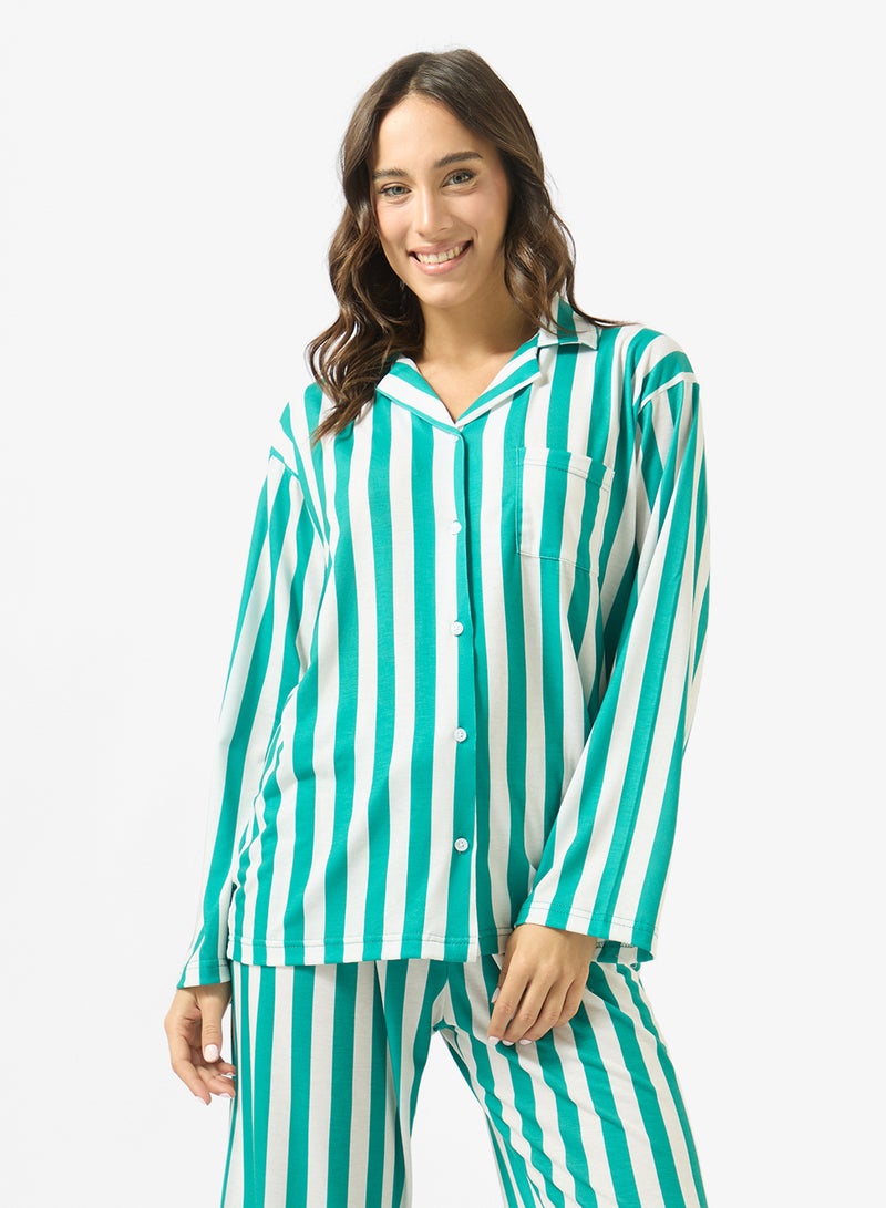 Ginger Satin Stripe Button Up Shirt & Pyjama Set - Image 3