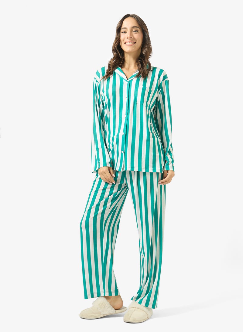 Ginger Satin Stripe Button Up Shirt & Pyjama Set - Image 5