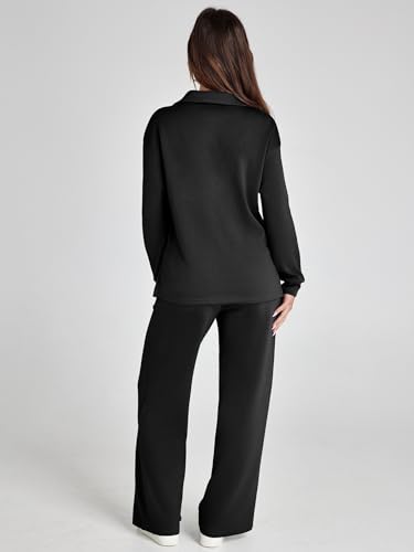 Glamaker Women's 2 Piece Sets Outfits Oversized Sweatsuits Long Sleeve Polo Top and Wide Leg Pants Matching Sets (Black S) - Image 4
