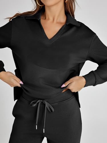 Glamaker Women's 2 Piece Sets Outfits Oversized Sweatsuits Long Sleeve Polo Top and Wide Leg Pants Matching Sets (Black S) - Image 5